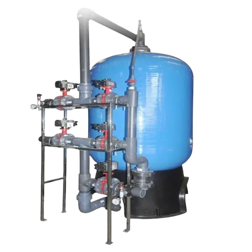 Descalcificador industrial de resina con botella azul y válvulas